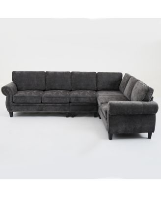 Dark Gray Chenille Sectional Sofa, Rivets, Rolled Arm, 6 Seater