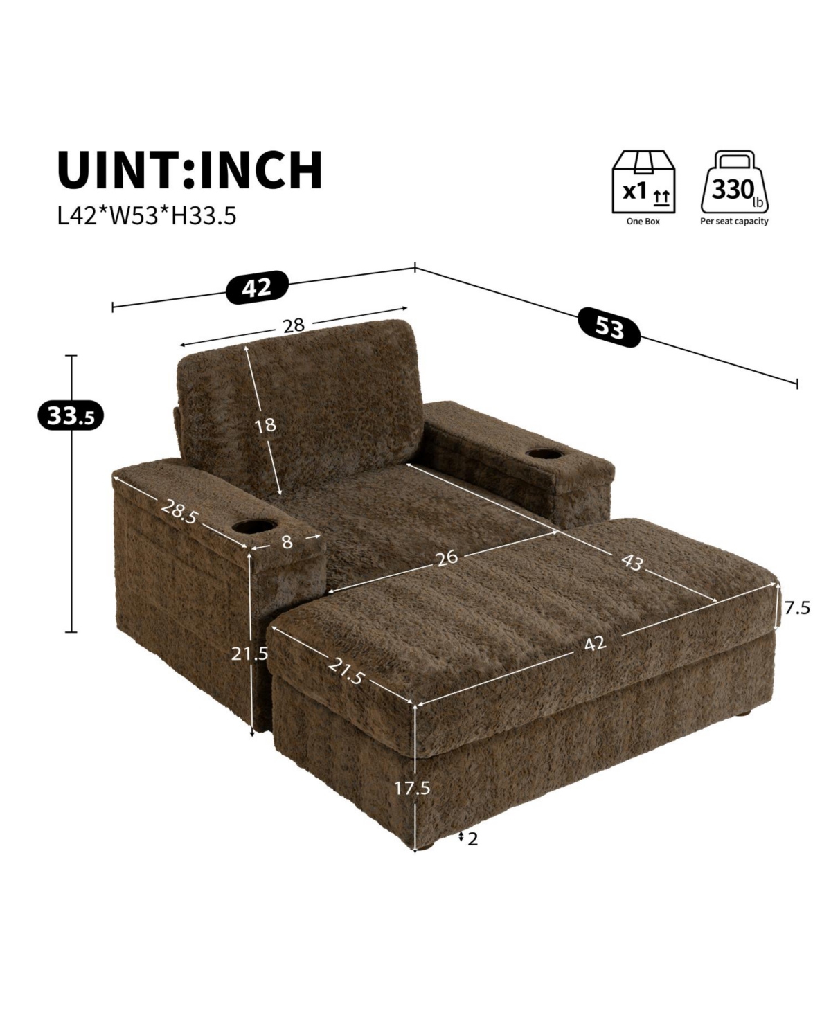 Streamdale Furniture 42" Oversized Faux Fur Chaise Lounge with Storage and Cup Holders