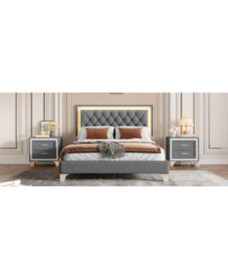 Streamdale Queen Upholstered LED Bed Set with 2 Nightstands