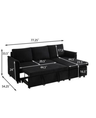 Corduroy Sleeper Sectional Sofa with Storage Chaise - Black