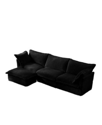 L-Shaped Black Corduroy Sectional Sofa with Ottoman