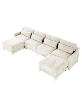Beige Chenille 4-Seater Sofa with Ottoman