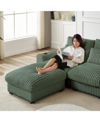 Corduroy L-Shaped Sofa w/ Cup Holder USB Pillows