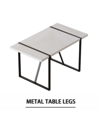 55" Modern Dining Table Set, Black Metal Legs, White Top, PU Chairs