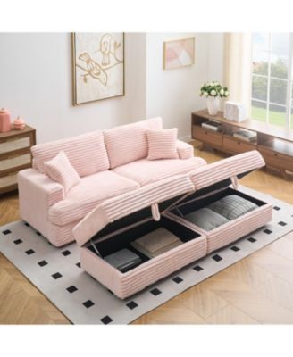 Grey Corduroy Sofa w/ Storage Legs & 4 Pillows