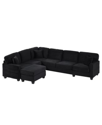 U-Shaped Sectional Sofa with Ottoman & Storage Pockets, Black