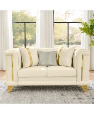 Streamdale Velvet Sofa Set: Gold Trim, Embroidered, Mid-Century Modern, Beige