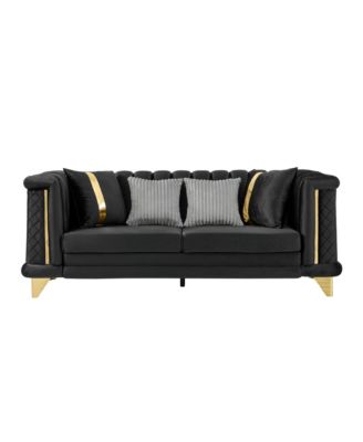 Velvet 3 Seater Sofa, Gold Trim, Tufted Couch with Pillows