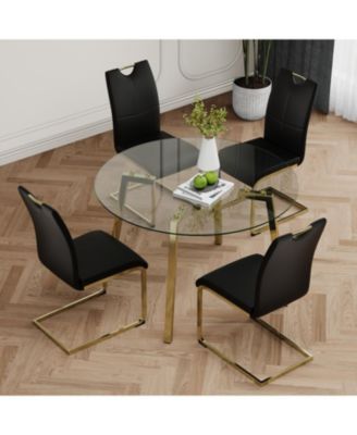 Glass Circle Table PU Dining Chair Set (5)