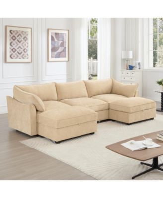 U-Shaped 3-Seater Sofa w/ Footstools & Storage - Chenille Wheat