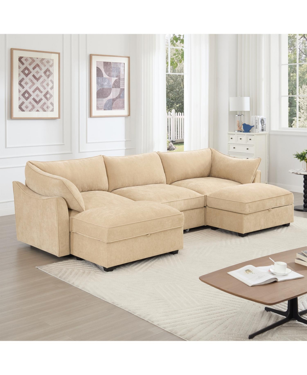 Streamdale Furniture U-Shaped 3-Seater Sofa w/ Footstools & Storage - Chenille Wheat