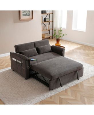 55" Velvet Pull Out Sofa Bed w/ USB, Pockets, Pillows