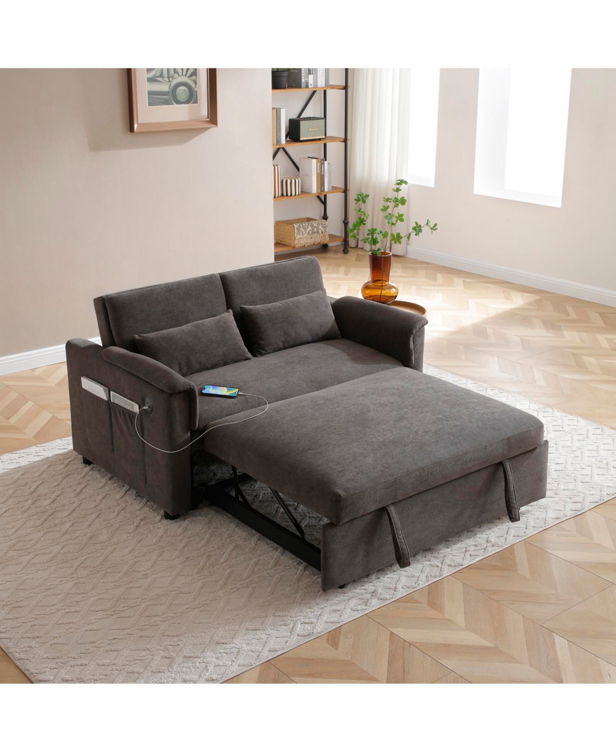 Streamdale Furniture 55" Velvet Pull Out Sofa Bed w/ Usb, Pockets, Pillows