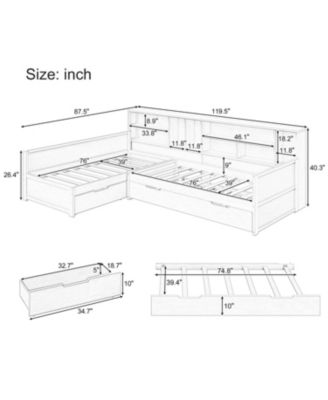  Twin L-Shaped Daybed with Trundle, Storage & Bookcases - Natural