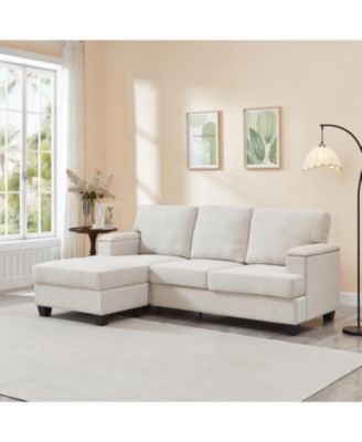 Beige Linen L-Shaped Sectional Sofa with Ottoman