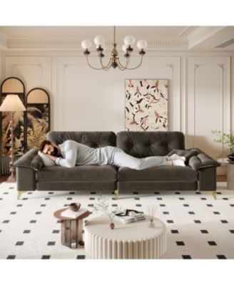 Modern 4-Seat Cloud Sofa, Wide Arms, Tufted, Chenille, Dark Grey