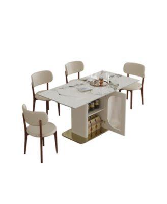 63" Modern Dining Table Set, Burnt Stone Top, Gold Base, 4 White Chairs
