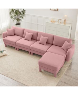 Boucle Convertible Sectional Sofa with Ottoman, Shell Arms