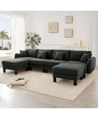 Boucle U-Shape Sectional Sofa with Ottomans & Shell Armrests