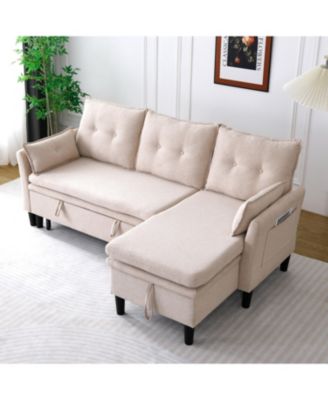 L-Shaped Sectional Sofa w/ Storage - Beige Cotton-Linen