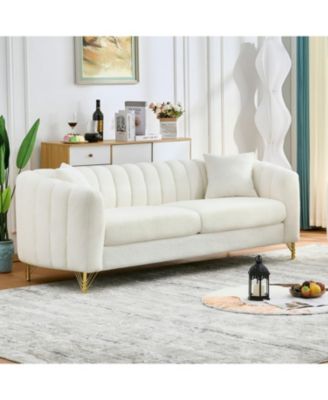  85" Chenille Sofa, 3 Seater Deep Couch, Tufted, Gold Legs (Beige