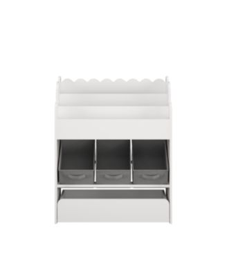 Kids Bookshelf with Storage Bins & Drawer - White Wooden Book Organizer