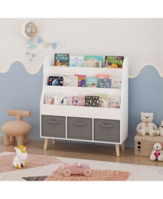 Streamdale Kids Bookshelf with 3 Fabric Bins White Wooden Book Organizer