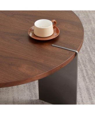 Round Coffee Table Walnut Wood Surface and Black Metel Feet
