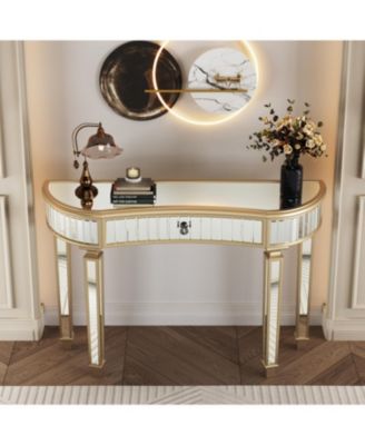 Streamdale 47" Half-Moon Mirrored Console Table - Fluted Glass & Crystal Knob