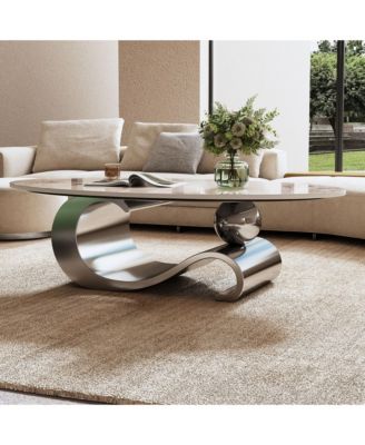 49" Faux Marble Oval Coffee Table, Steel Base