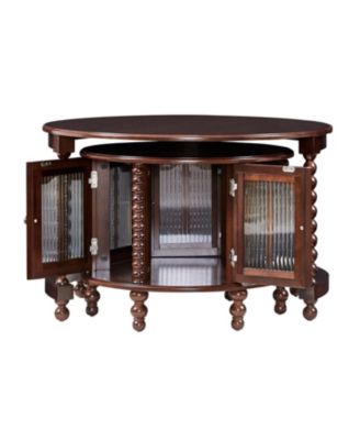 Vintage Round Nesting Coffee Table, Bamboo Glass Doors, Beaded Legs, Walnut, 31.5"