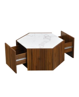 Rustic Hexagonal Coffee Table, Drawers, Marble Top, Light Oak