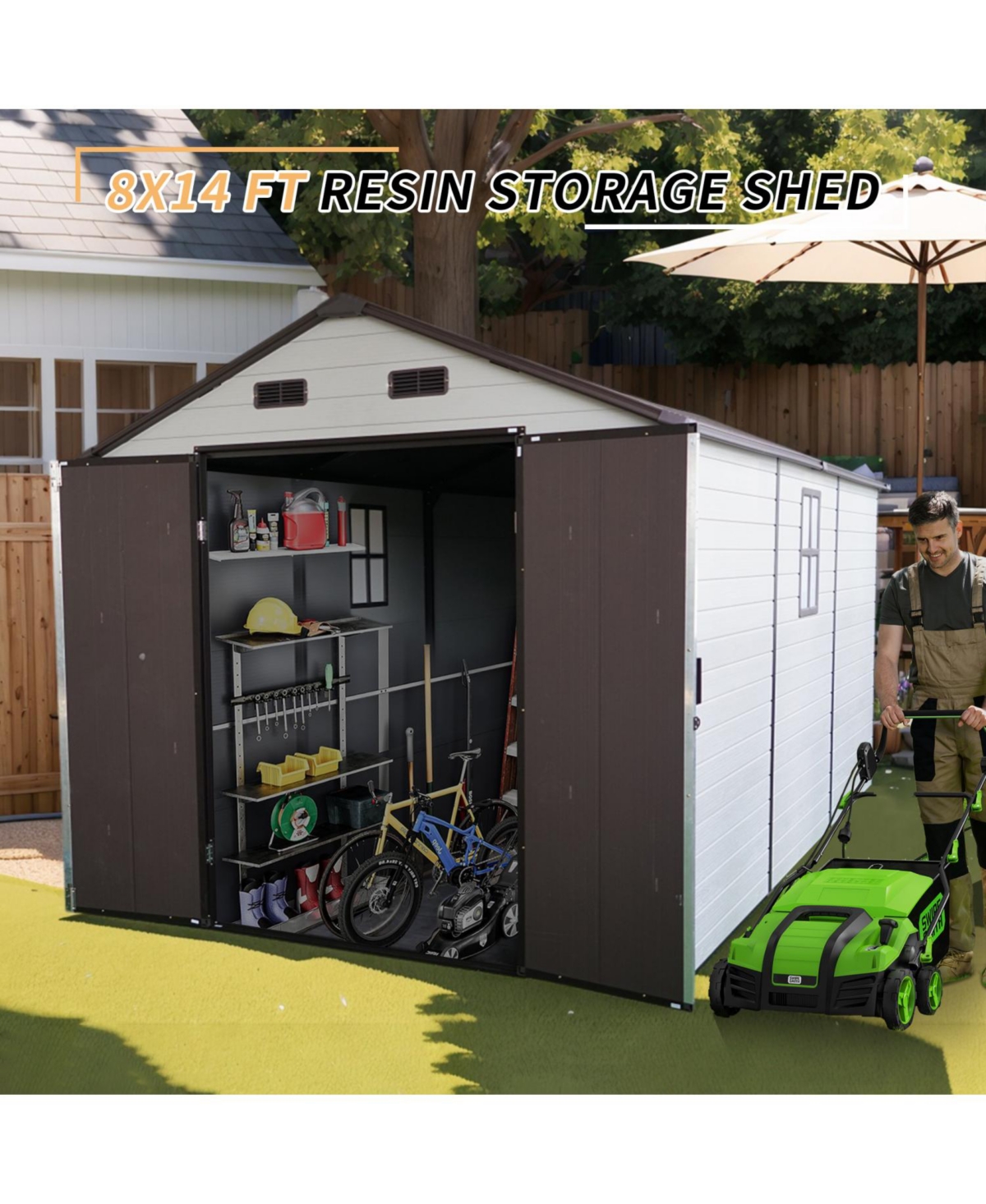 Streamdale Furniture 8x14 Resin Storage Shed w/ Windows, Aluminum Frame & Floor