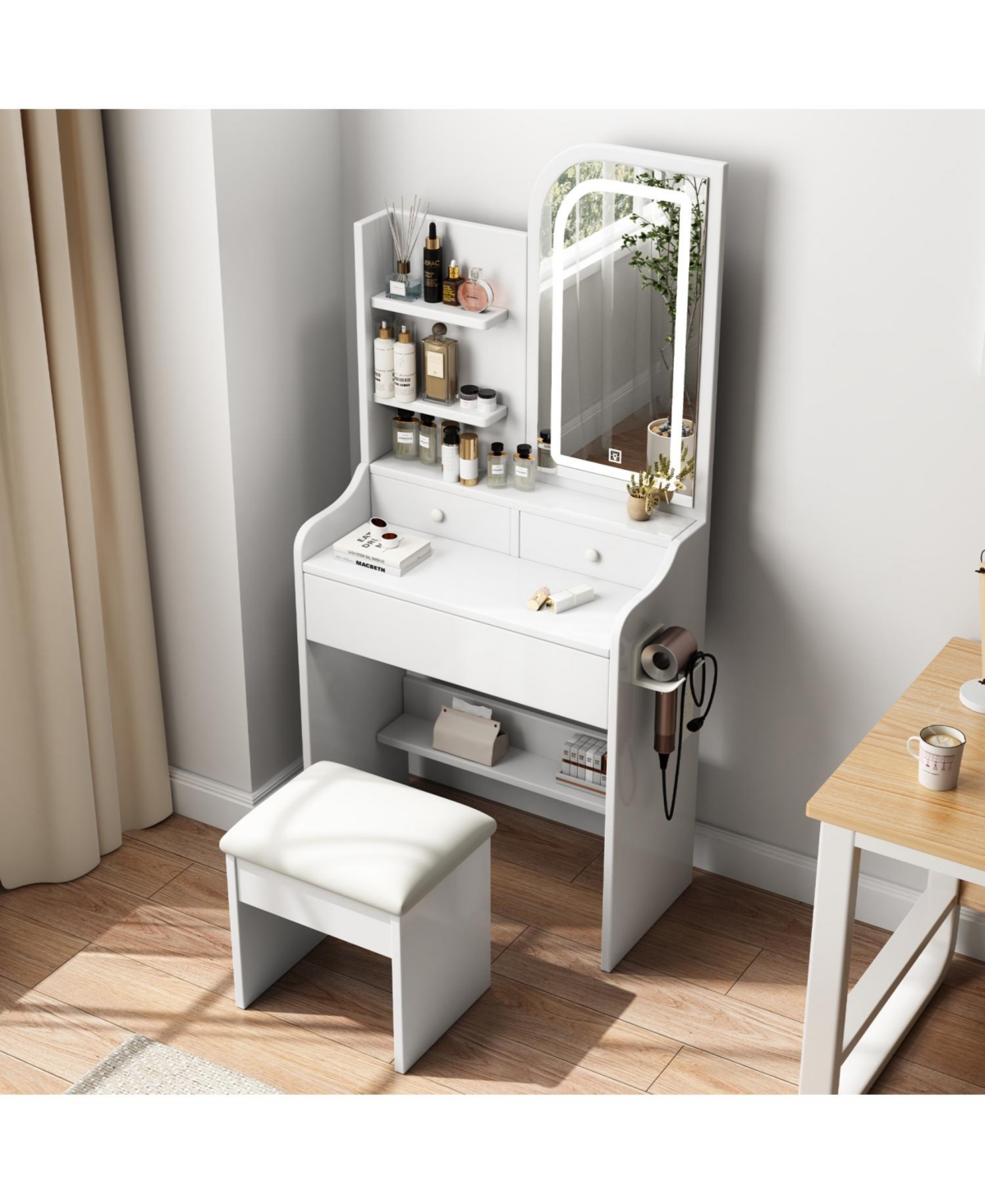 Streamdale Furniture Sturdy Makeup Table with Adjustable Led Mirror and Ample Storage