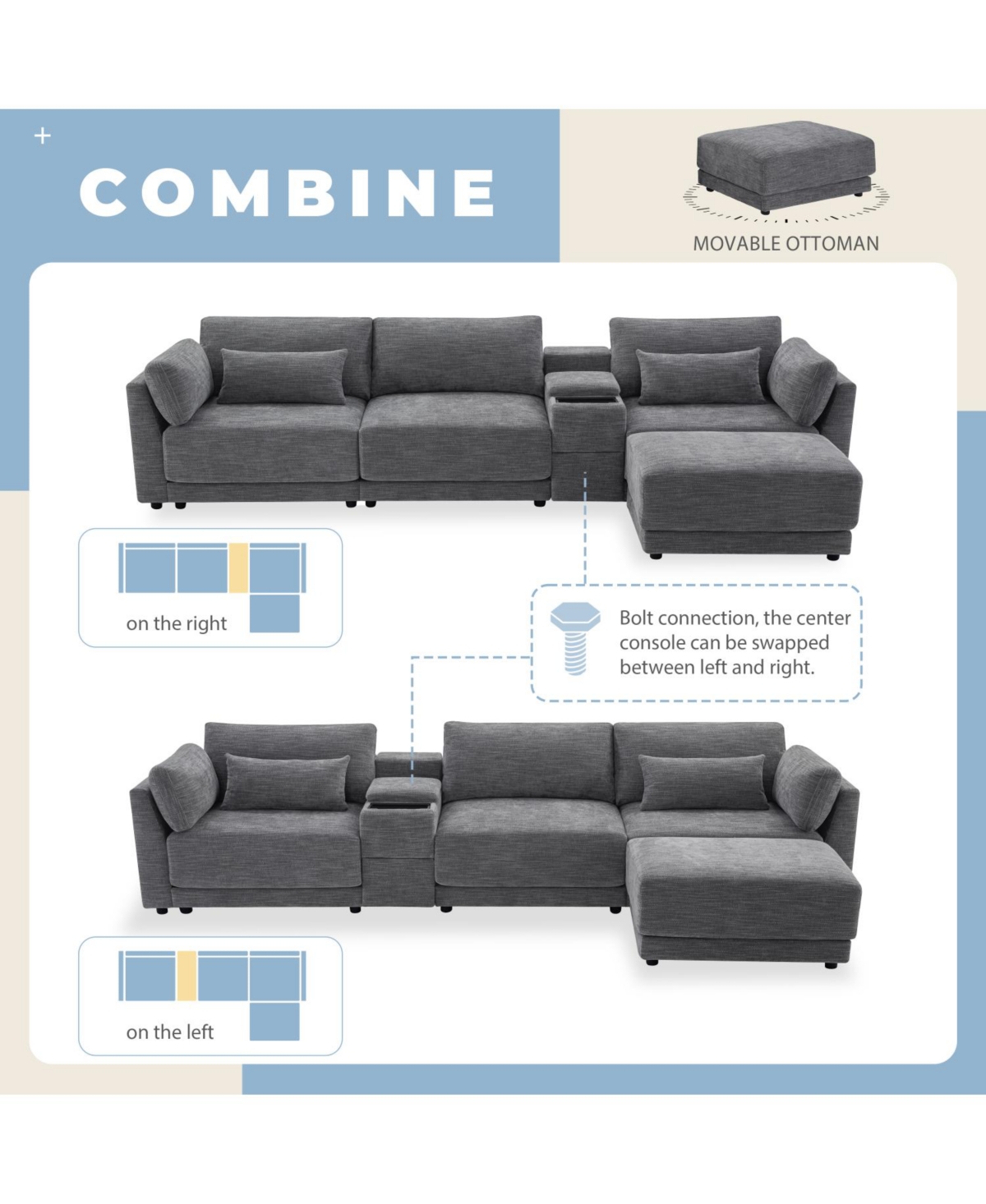 Streamdale Furniture 124" Modular Sectional Sofa w/ Storage, Ottoman, Usb Charger