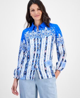 Women's Placed-Floral Button-Down Blouse