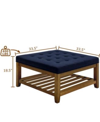 Streamdale Navy Blue Linen Tufted Ottoman w/ Wood Frame & Shelf