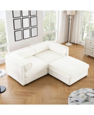 White Chenille 2-Seater Sofa with Storage Ottoman