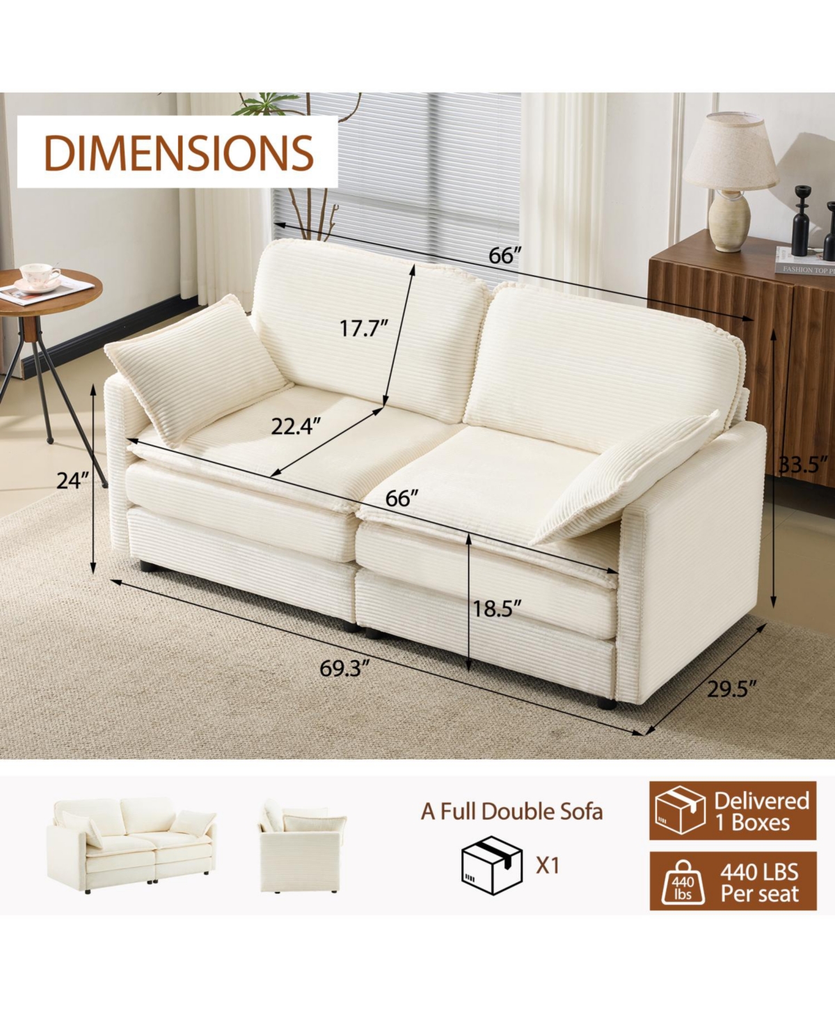 Streamdale Furniture 69" Plush Cloud Loveseat- Modular Sofa w/ Beige Chenille Cushions & Throw Pillows