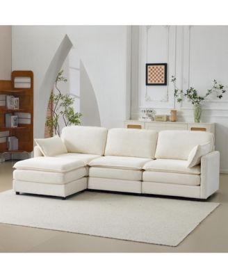 Streamdale Plush Cloud 3 Seater Sofa & Ottoman - Beige Chenille Cushions & Throw Pillows