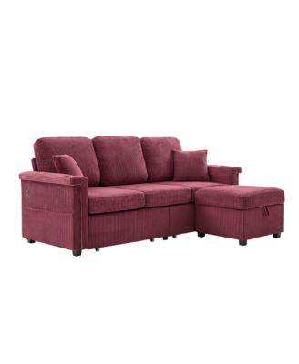 L-Shaped Sectional Sofa w/ Storage Ottoman, USB, Cup Holder, Corduroy