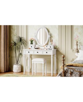 Streamdale Vanity Desk with Adjustable Mirror, Cushioned Stool & 5 Drawers - White