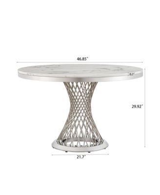 47" Round Marble Dining Table, High Gloss Faux Marble Top, Stainless Steel Base