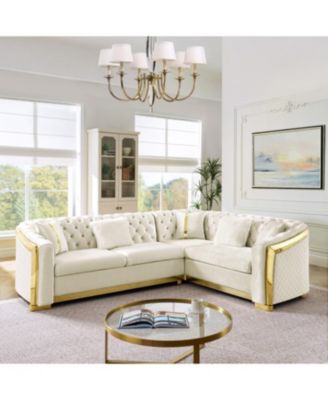 L-Shaped Chesterfield Sectional Sofa, Velvet, Gold Accents, Beige