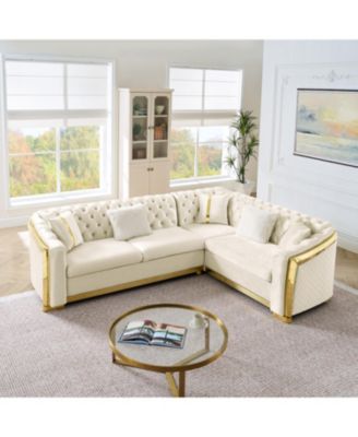 L-Shaped Chesterfield Sectional Sofa, Velvet, Gold Accents, Beige