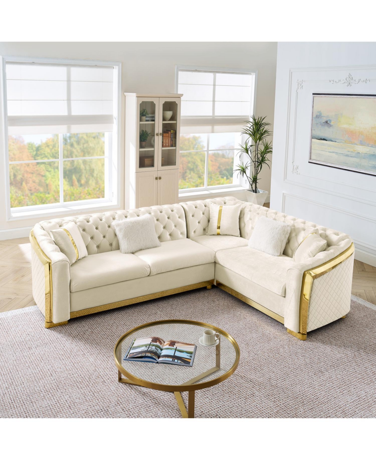 Streamdale Furniture L-Shaped Chesterfield Sectional Sofa, Velvet, Gold Accents