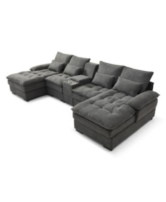 130" U-Shaped Sofa with Console, Cupholders, Sleeper Couch, Chaise (Grey)