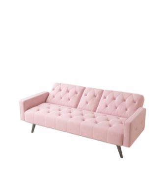 Pink Velvet Sofa Bed with Nailhead Trim & Cup Holders