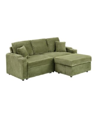 80" Corduroy Sofa Bed with Reclining, Footstool, & Cup Holders - Green