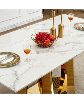 70" Faux Marble Dining Table, Mirrored Base (Gold/White)